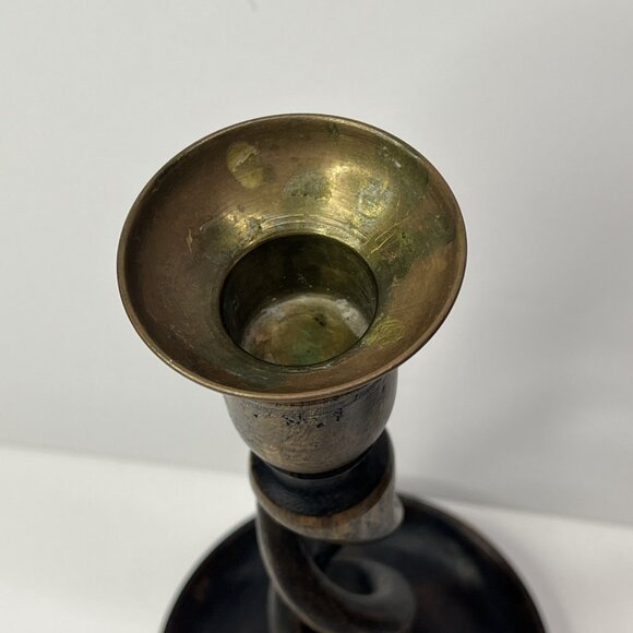 Candle Holders Antique English Oak Barley Twist Candlestick Brass Insert 8.5” - Picture 6 of 16